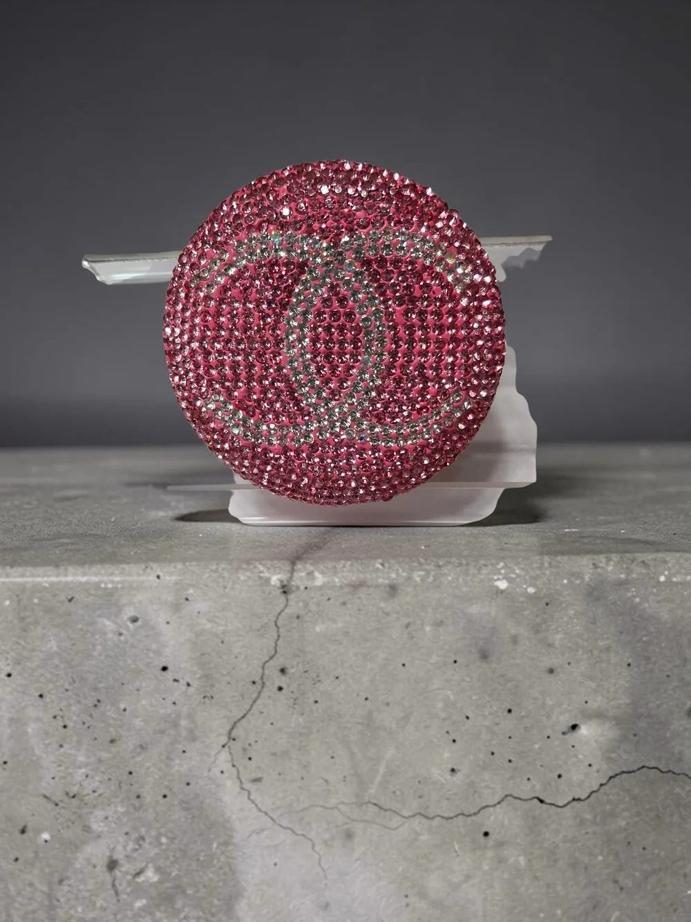 Luxury Inspired Pink Rhinestone Round Accent Interlocking Compact Mirror Logo
